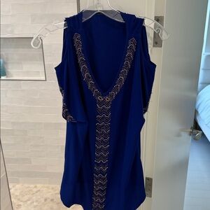 Blue Sleeveless Top with Beaded Accents and Peekaboo Shoulders